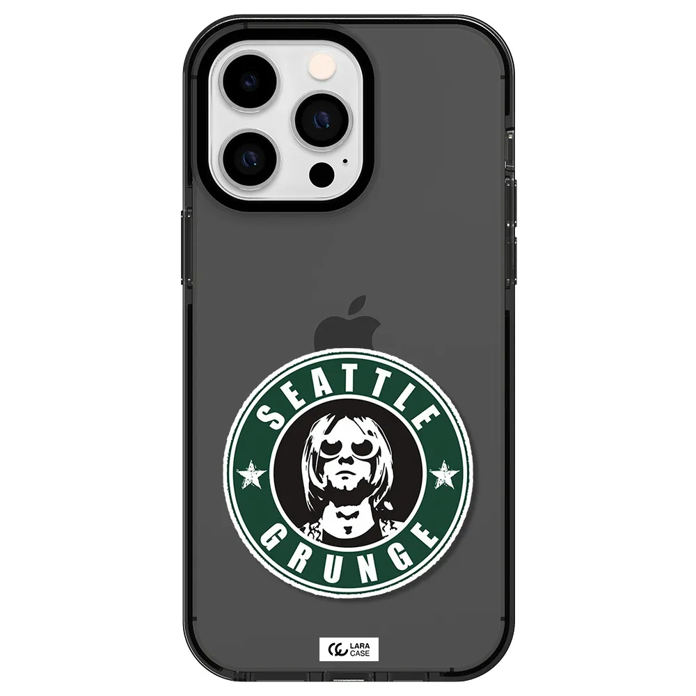 a logo with a man wearing sunglasses Apple iPhone 15 Pro impact Smoke Black Case