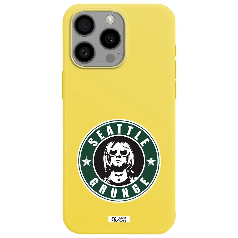 a logo with a man wearing sunglasses Apple Iphone 15 Pro max Silicone canary yellow Case