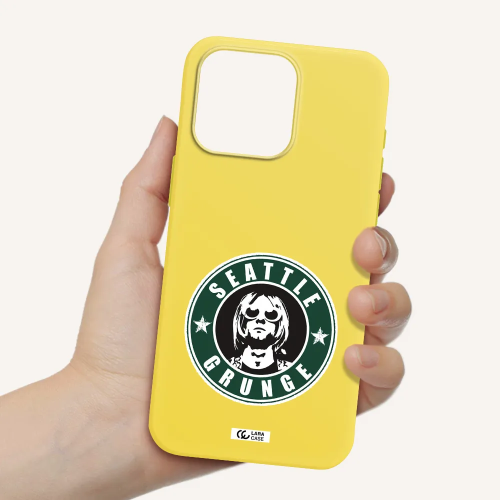 a logo with a man wearing sunglasses Apple Iphone 15 Pro max Silicone canary yellow Case