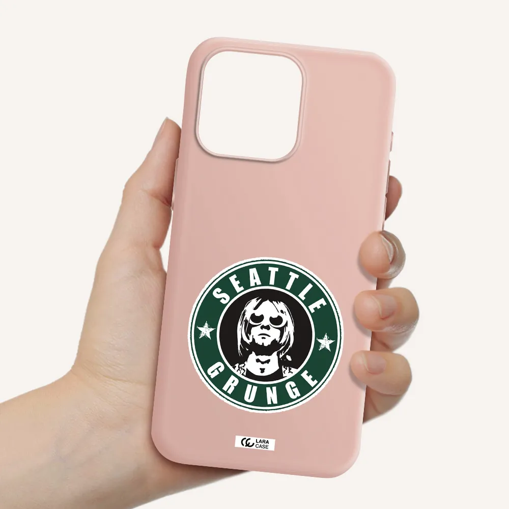 a logo with a man wearing sunglasses Apple Iphone 15 Pro max Silicone pastel pink Case