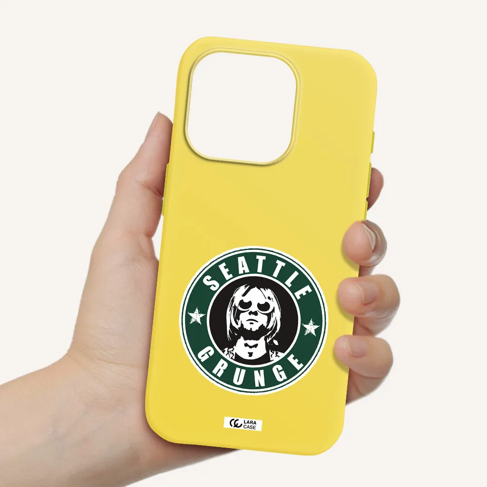 A Logo With A Man Wearing Sunglasses Apple Iphone 15 Pro Silicone Canary Yellow Case