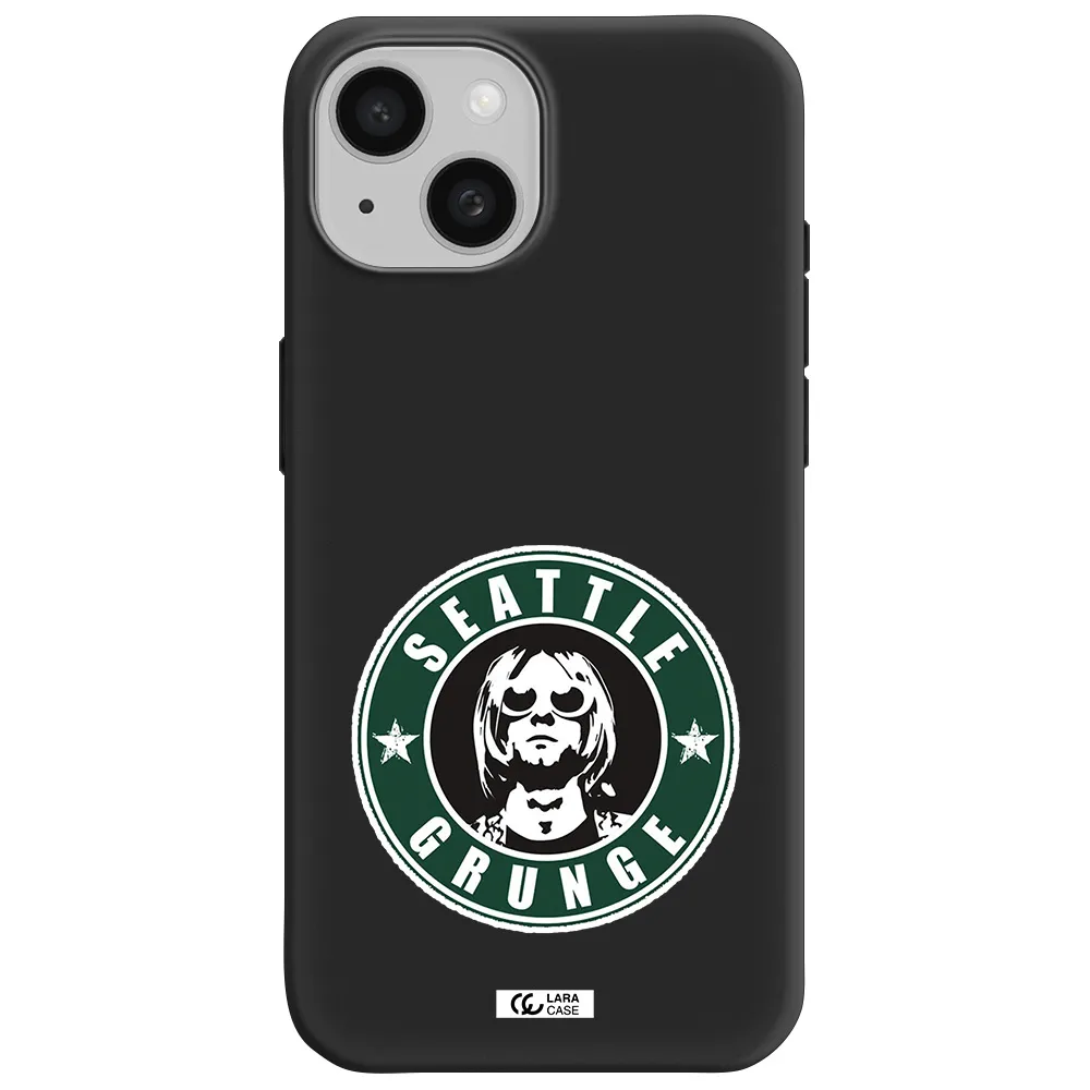 a logo with a man wearing sunglasses Apple iPhone 15 Silicone black Case