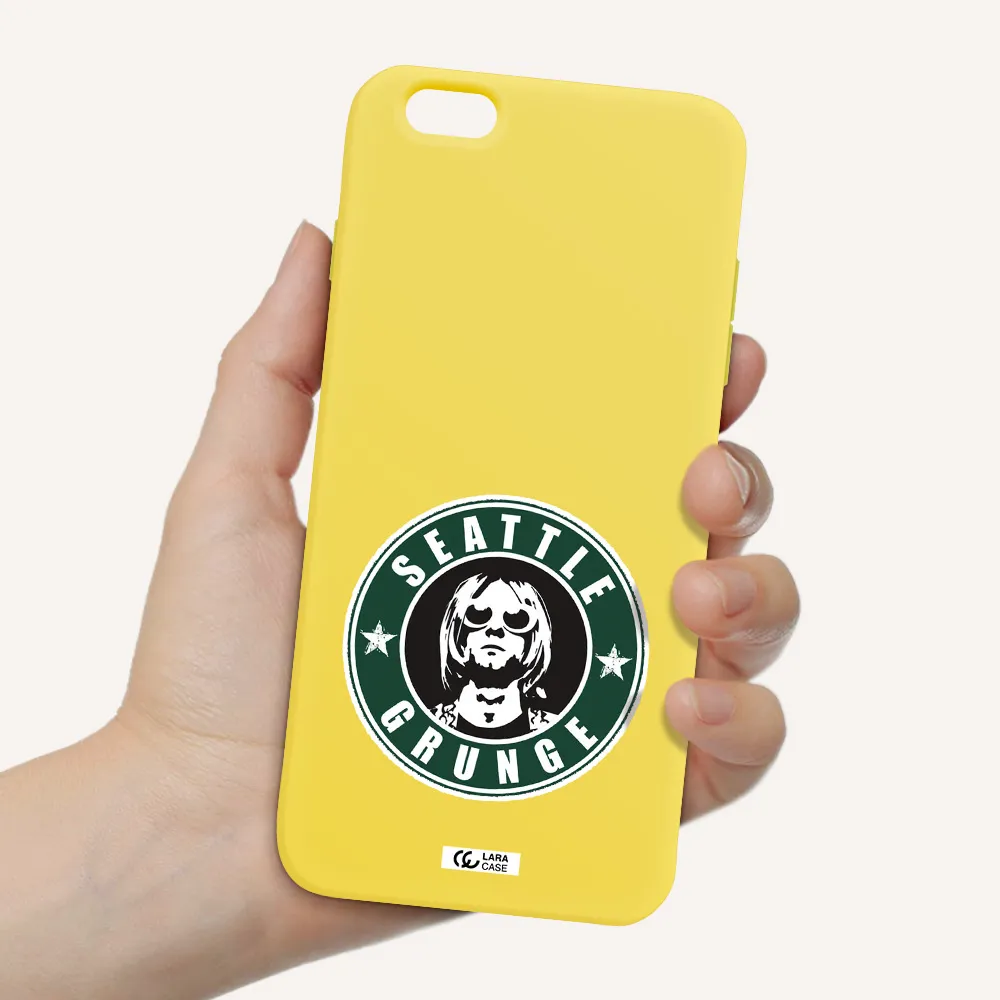 a logo with a man wearing sunglasses Apple iPhone 6 plus Silicone canary yellow Case