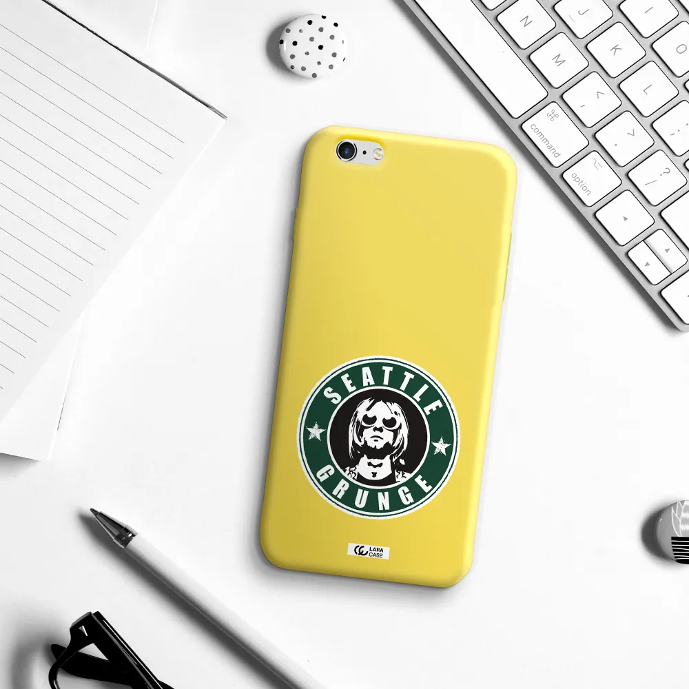 a logo with a man wearing sunglasses Apple iPhone 6 plus Silicone canary yellow Case