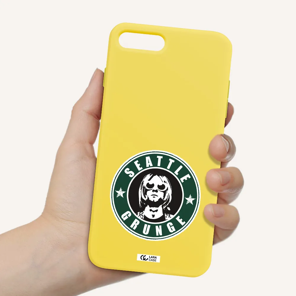 a logo with a man wearing sunglasses Apple iPhone 7 plus Silicone canary yellow Case