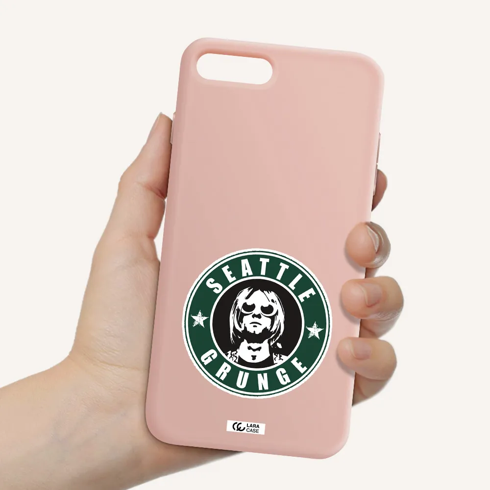 a logo with a man wearing sunglasses Apple iPhone 7 plus Silicone pastel pink Case