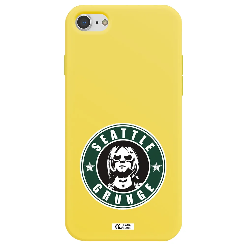 a logo with a man wearing sunglasses Apple iPhone 7 Silicone canary yellow Case
