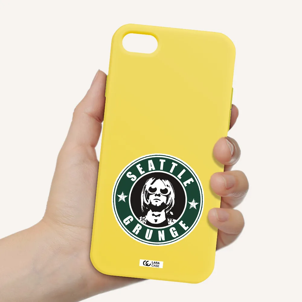 a logo with a man wearing sunglasses Apple iPhone 7 Silicone canary yellow Case