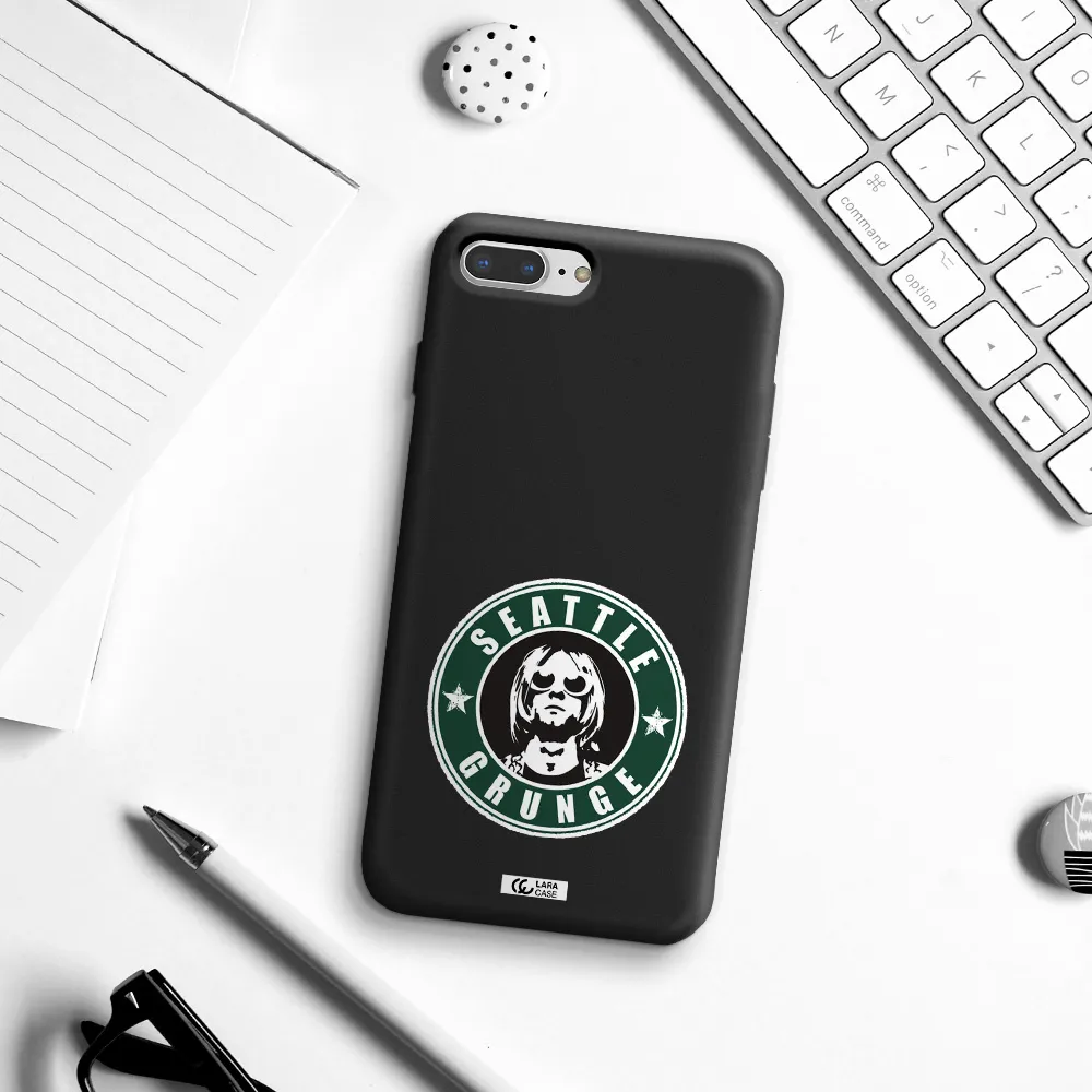 a logo with a man wearing sunglasses Apple iPhone 8 plus Silicone black Case