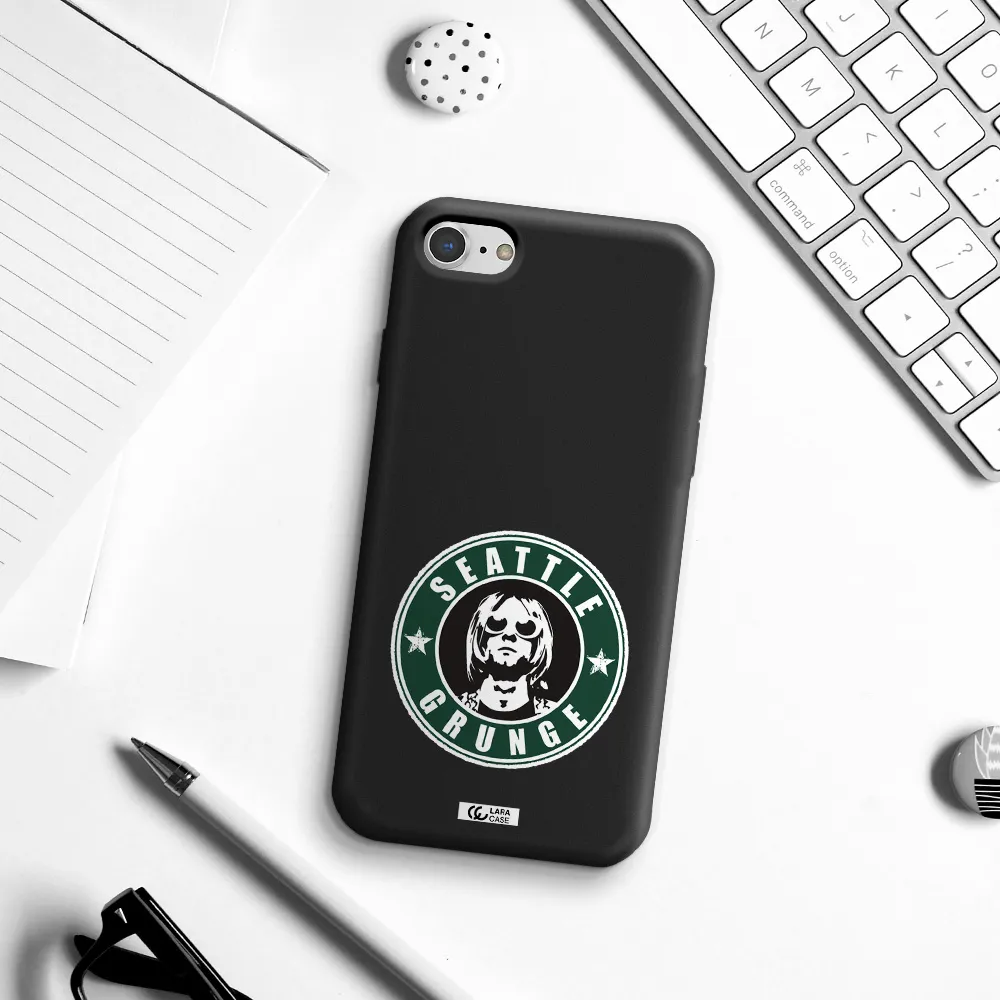 a logo with a man wearing sunglasses Apple iPhone 8 Silicone black Case