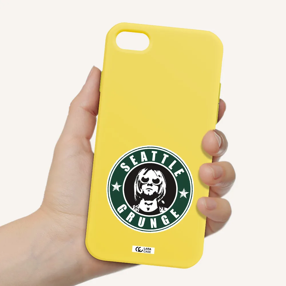 a logo with a man wearing sunglasses Apple iPhone 8 Silicone canary yellow Case