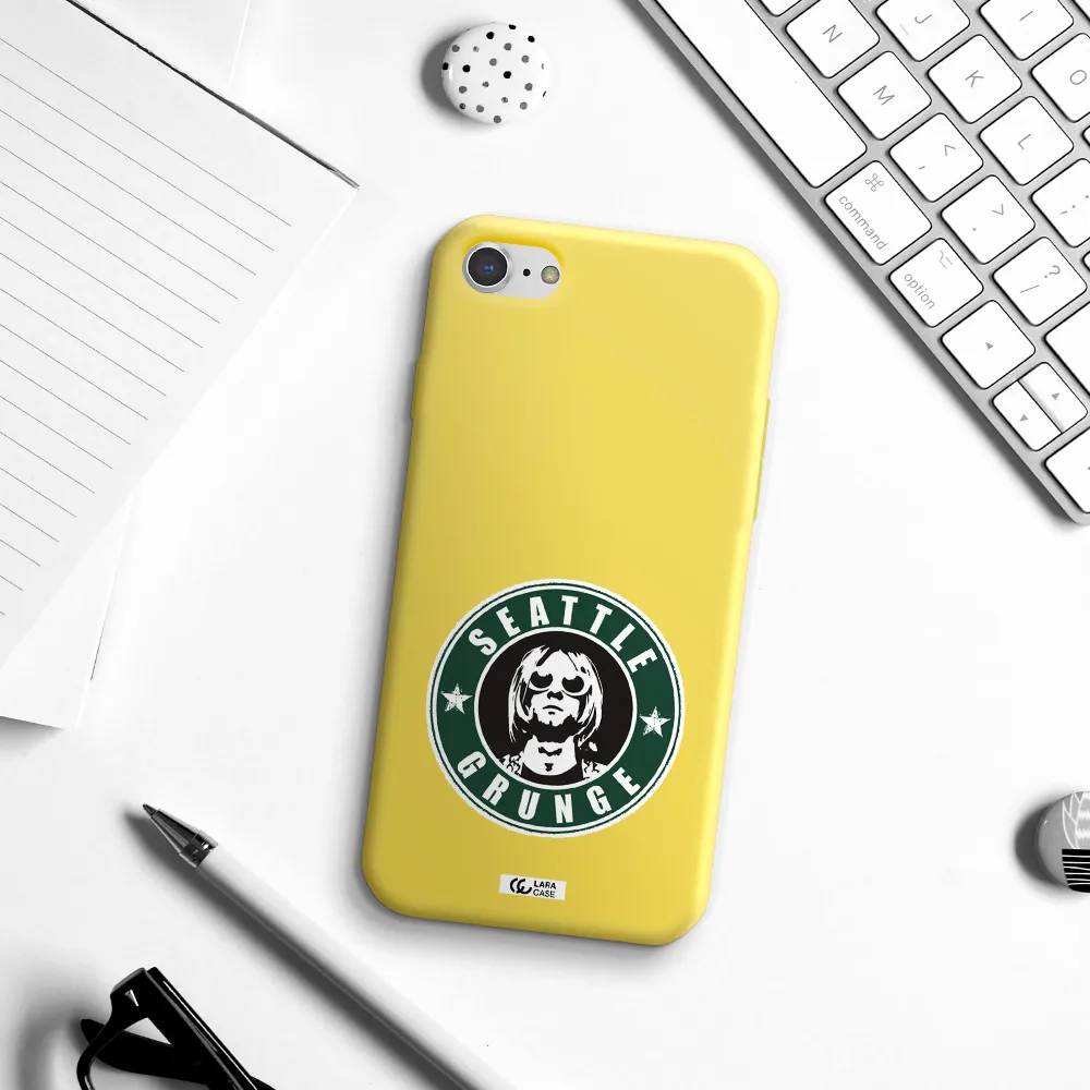 a logo with a man wearing sunglasses Apple iPhone 8 Silicone canary yellow Case