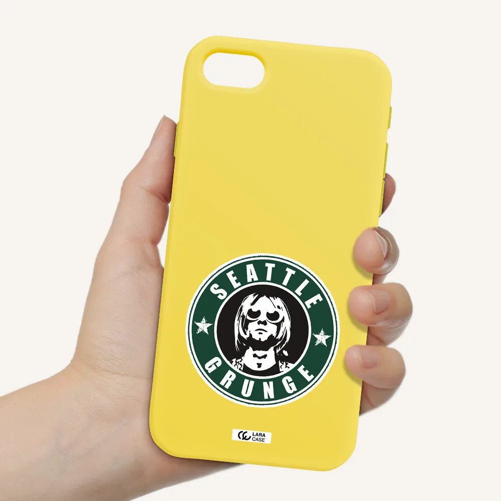 a logo with a man wearing sunglasses Apple iPhone se 2020 Silicone canary yellow Case