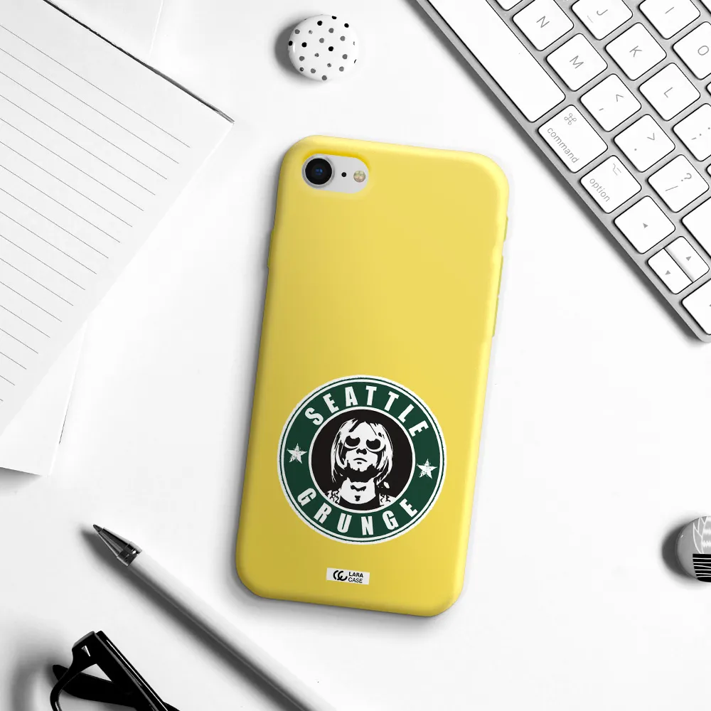 a logo with a man wearing sunglasses Apple iPhone se 2020 Silicone canary yellow Case