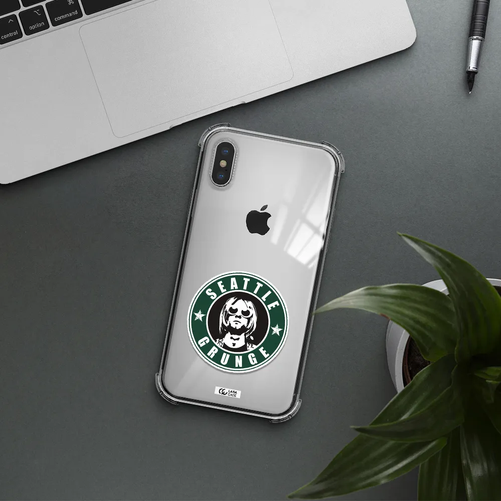 a logo with a man wearing sunglasses Apple iPhone X Clear PC Case
