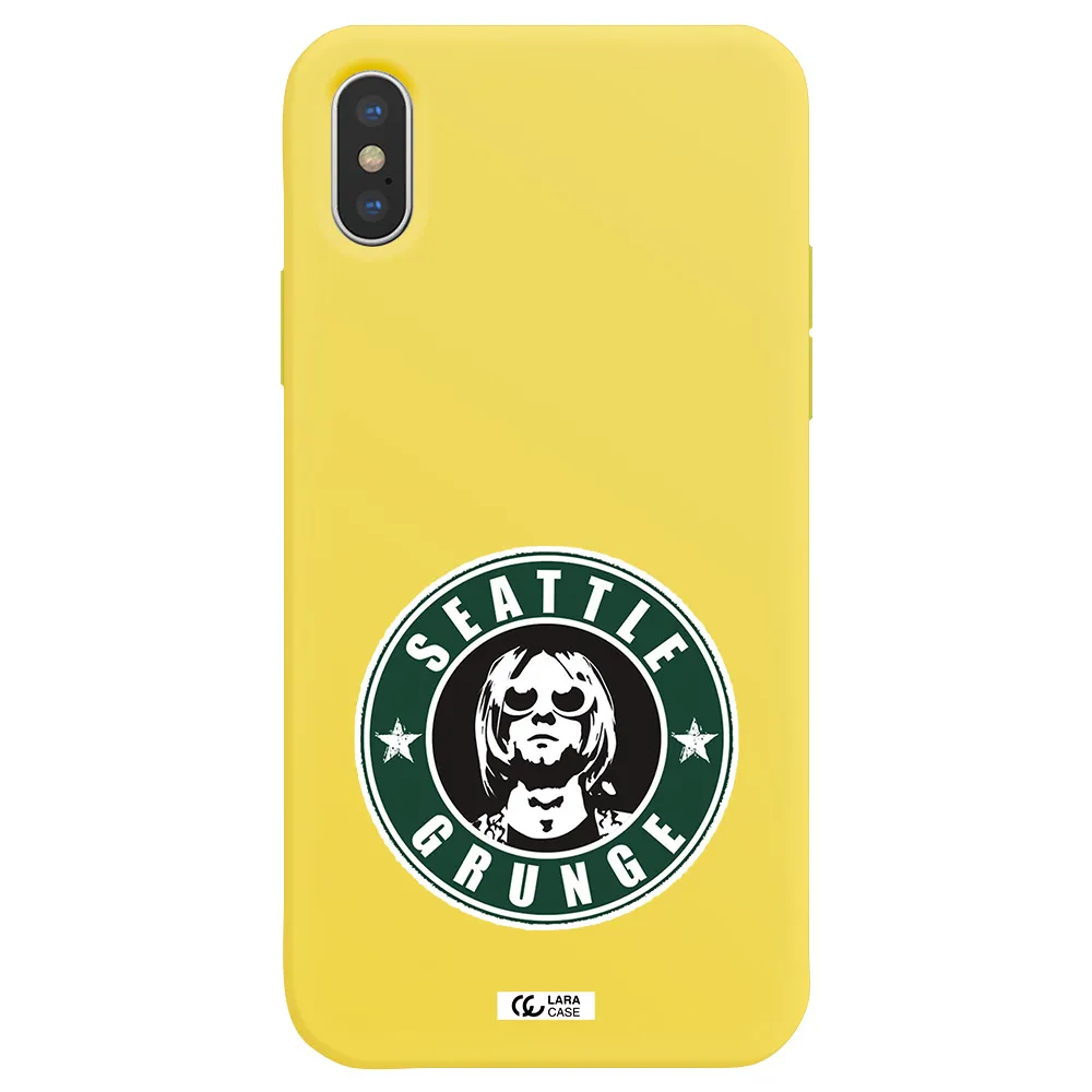 a logo with a man wearing sunglasses Apple iPhone X Silicone canary yellow Case