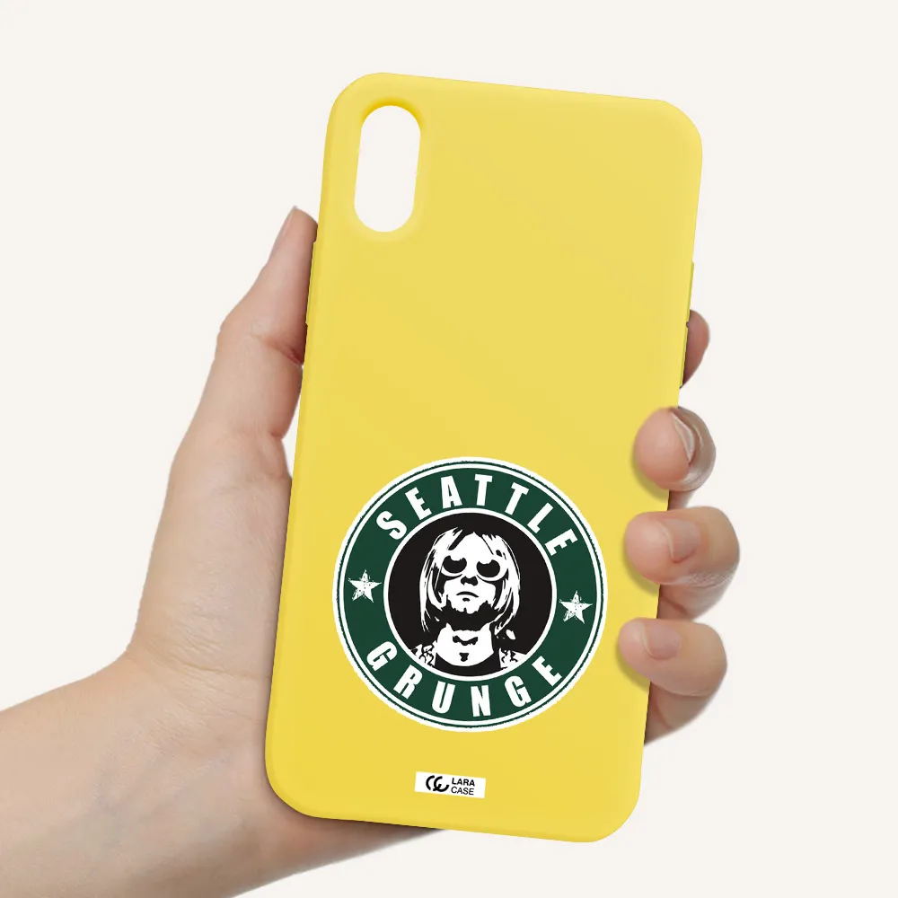 a logo with a man wearing sunglasses Apple iPhone X Silicone canary yellow Case