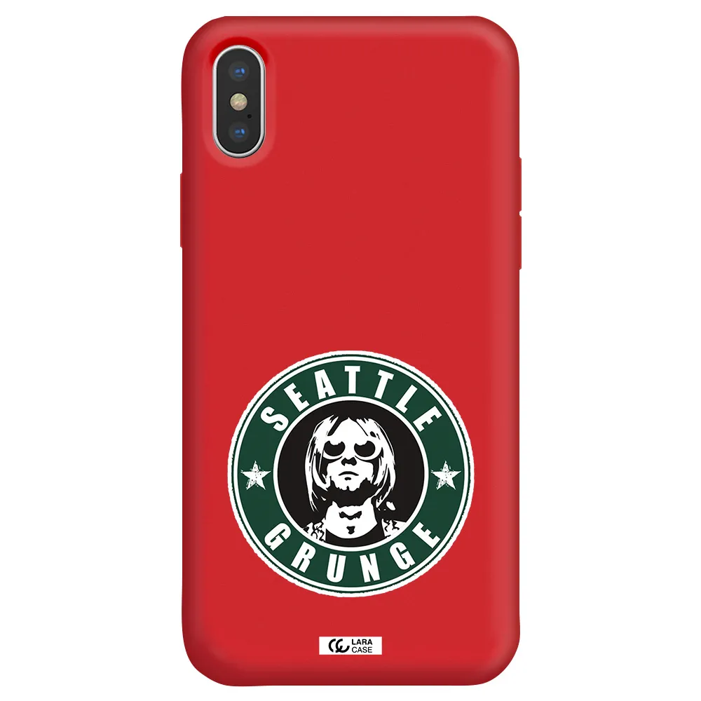 a logo with a man wearing sunglasses Apple iPhone X Silicone Imperial Red Case