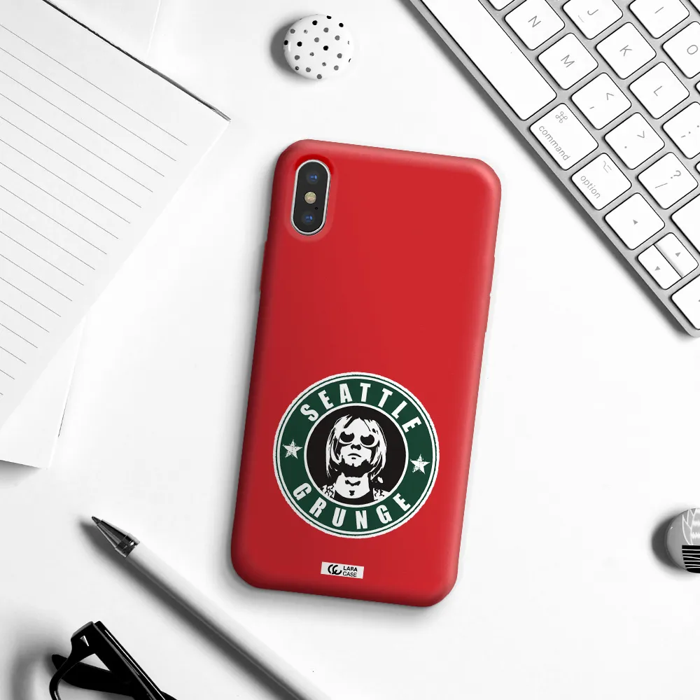 a logo with a man wearing sunglasses Apple iPhone X Silicone Imperial Red Case