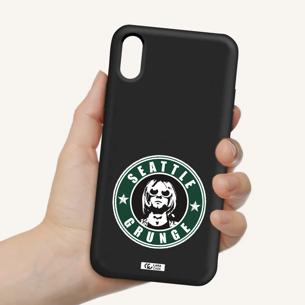 a logo with a man wearing sunglasses Apple iPhone XS Silicone black Case