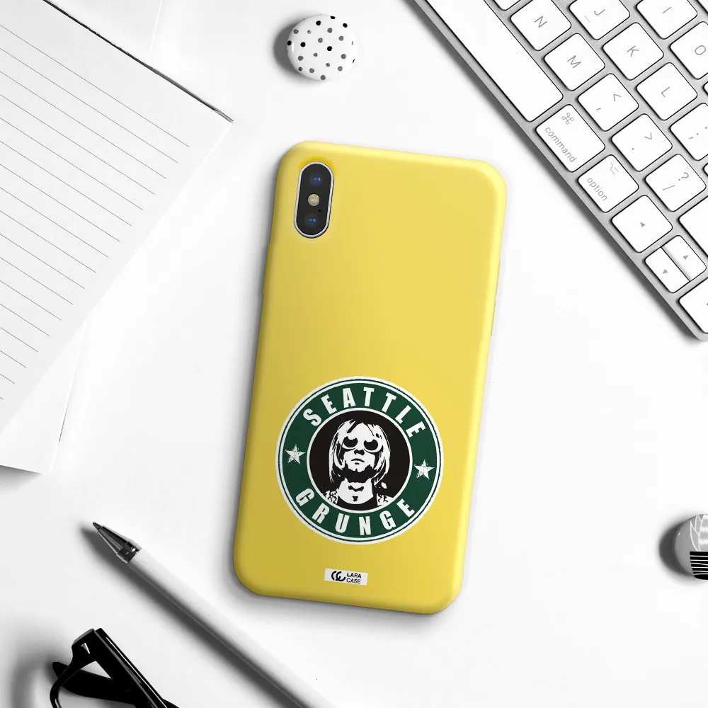 a logo with a man wearing sunglasses Apple iPhone XS Silicone canary yellow Case