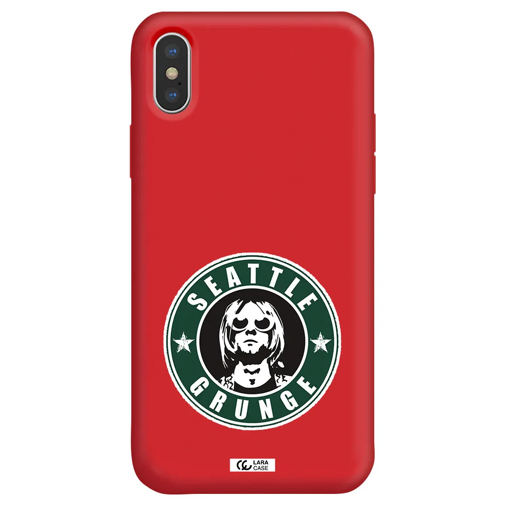 a logo with a man wearing sunglasses Apple iPhone XS Silicone Imperial Red Case