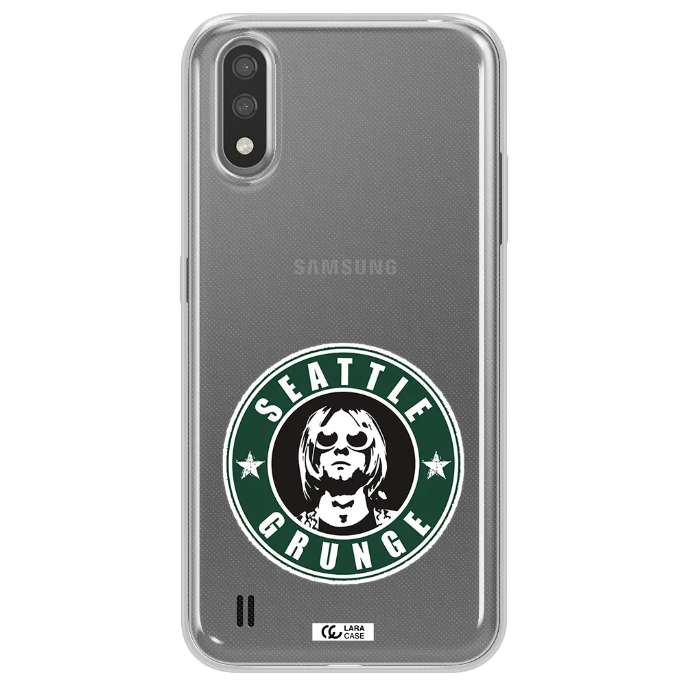 a logo with a man wearing sunglasses Samsung A01 Clear TPU Case
