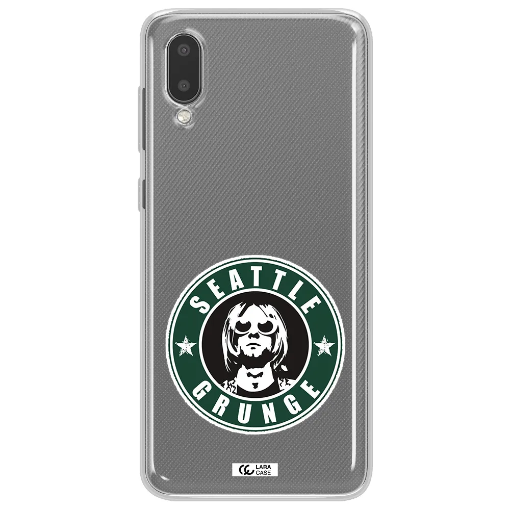 a logo with a man wearing sunglasses Samsung A02 Clear TPU Case