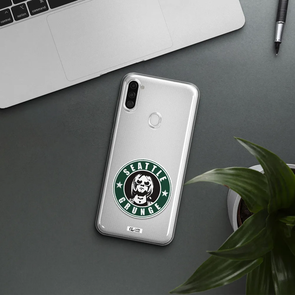 a logo with a man wearing sunglasses Samsung A11 Clear TPU Case