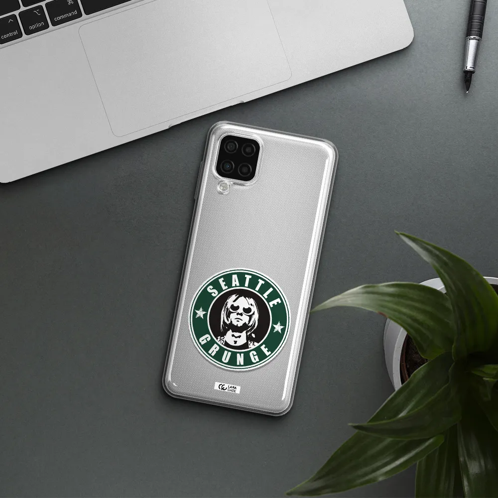 a logo with a man wearing sunglasses Samsung A12 4g Clear TPU Case