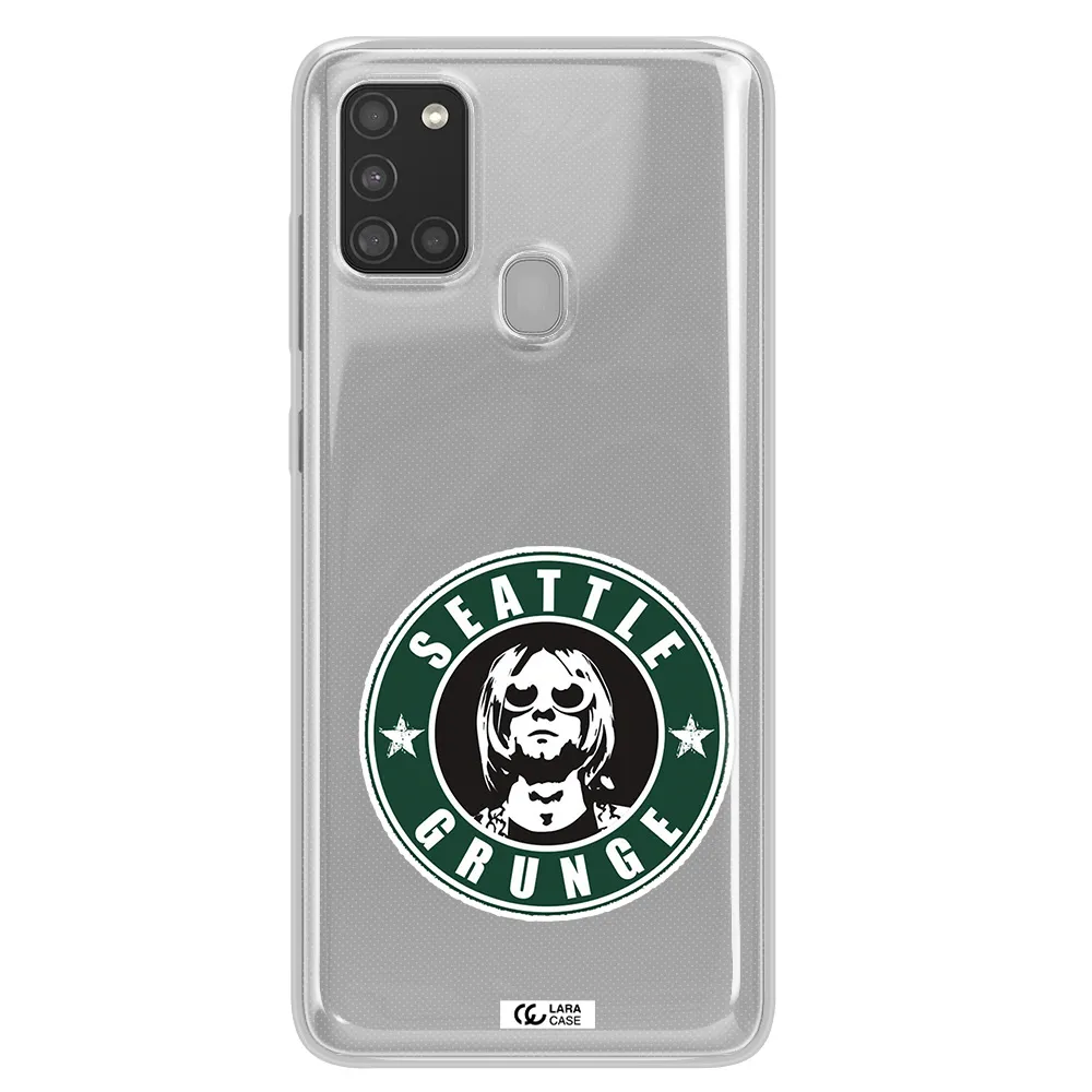 a logo with a man wearing sunglasses Samsung A21S Clear TPU Case