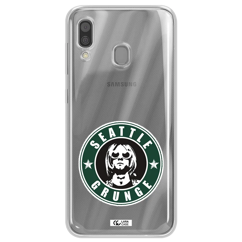a logo with a man wearing sunglasses Samsung A30 Clear TPU Case