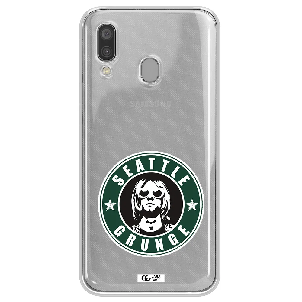 a logo with a man wearing sunglasses Samsung A40 Clear TPU Case