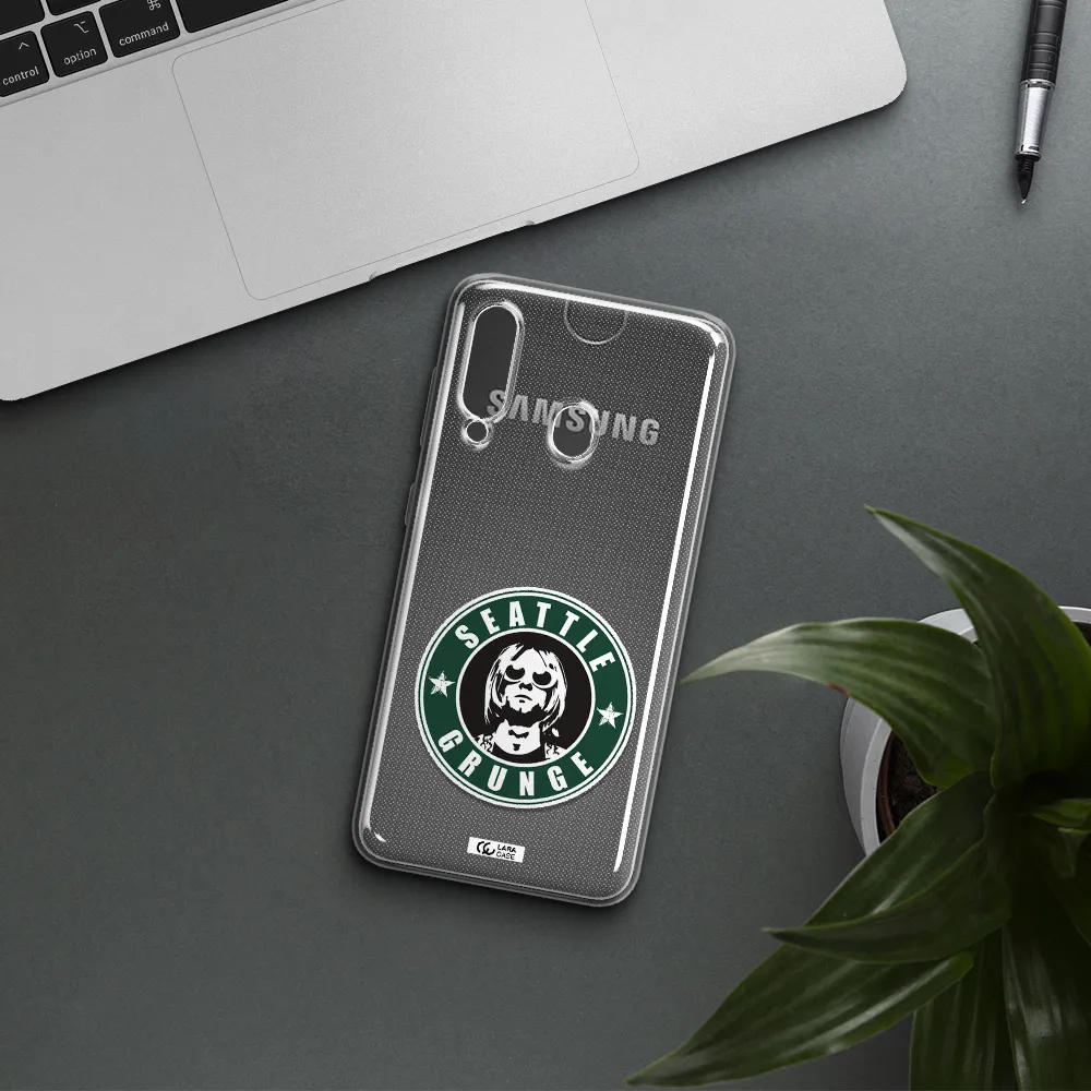 a logo with a man wearing sunglasses Samsung A60 Clear TPU Case