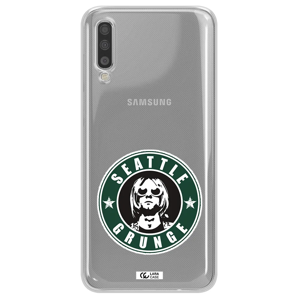 a logo with a man wearing sunglasses Samsung A70 Clear TPU Case