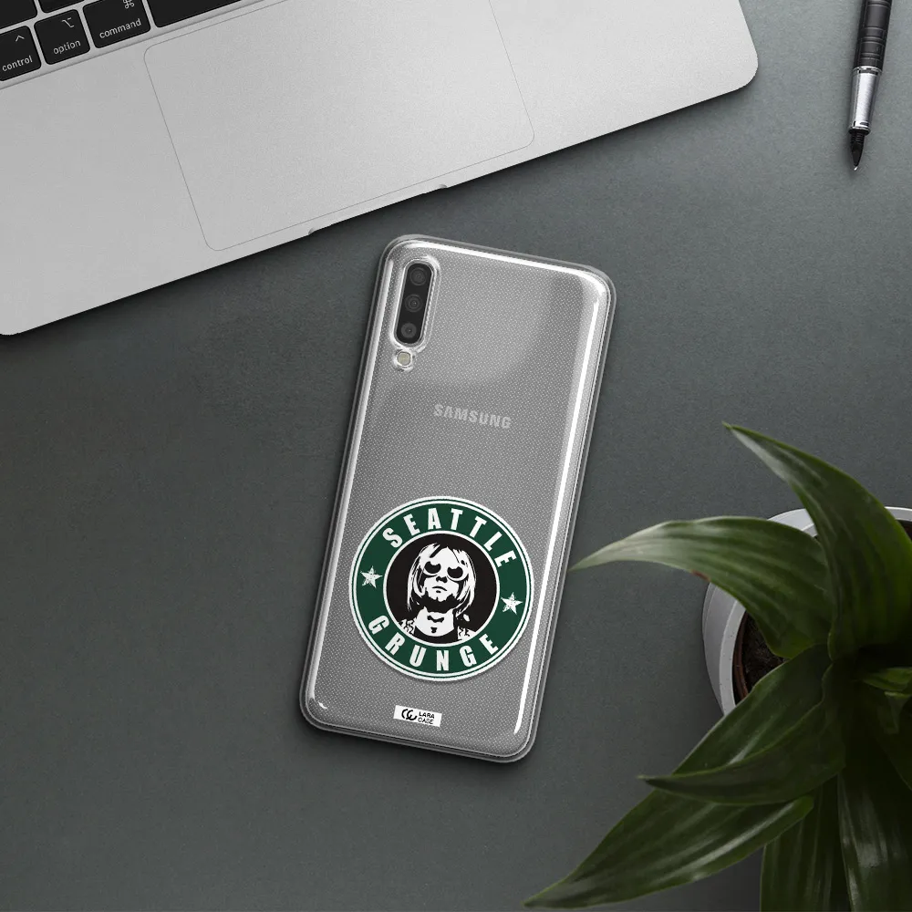 a logo with a man wearing sunglasses Samsung A70 Clear TPU Case