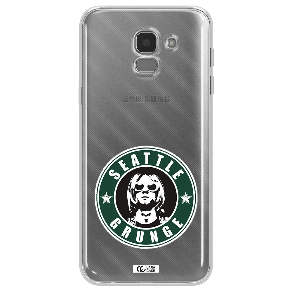 a logo with a man wearing sunglasses Samsung J6 Clear TPU Case