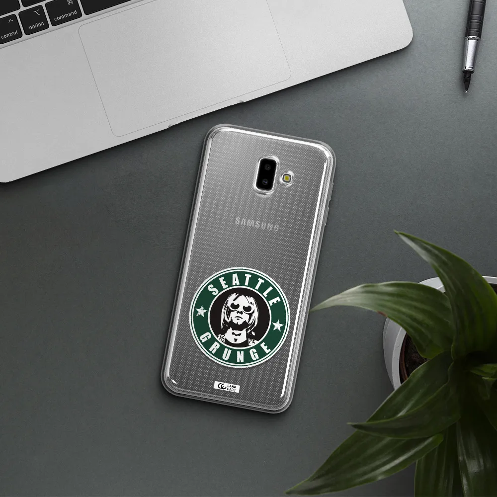 a logo with a man wearing sunglasses Samsung J6 Plus Clear TPU Case