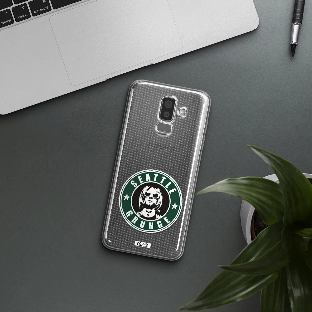 a logo with a man wearing sunglasses Samsung J8 Clear TPU Case