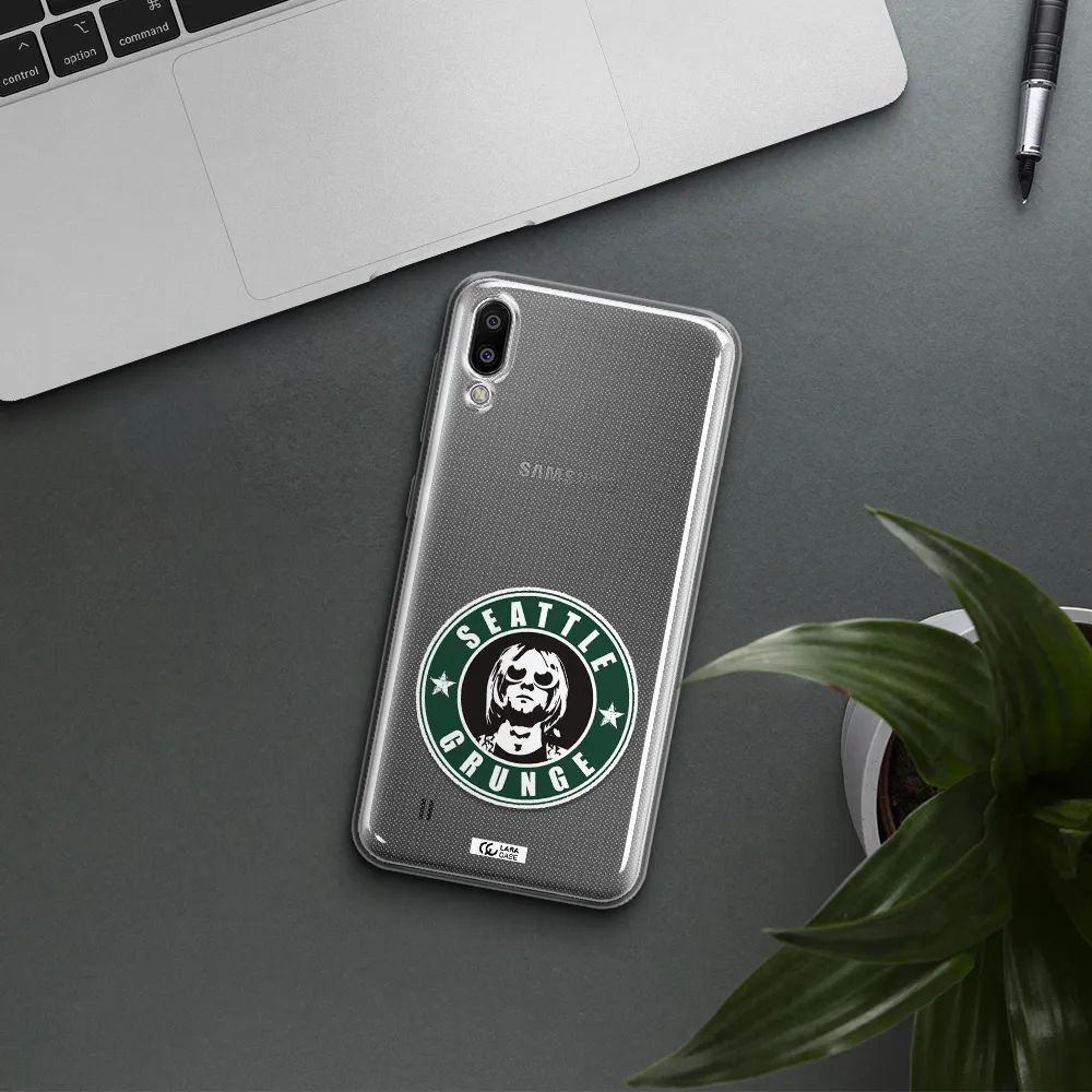 a logo with a man wearing sunglasses Samsung M10 Clear TPU Case