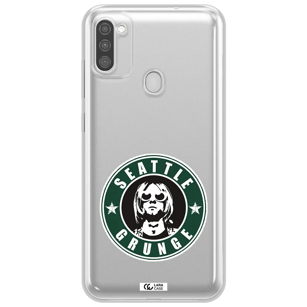 a logo with a man wearing sunglasses Samsung M11 Clear TPU Case