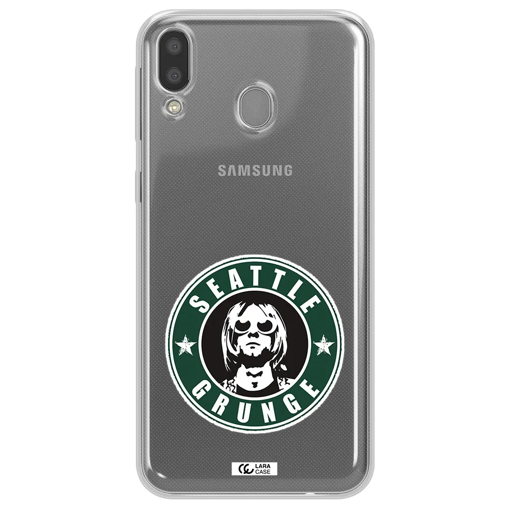 a logo with a man wearing sunglasses Samsung M20 Clear TPU Case