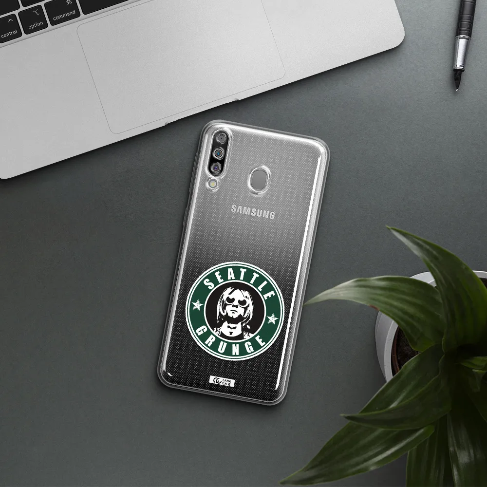 a logo with a man wearing sunglasses Samsung M30 Clear TPU Case