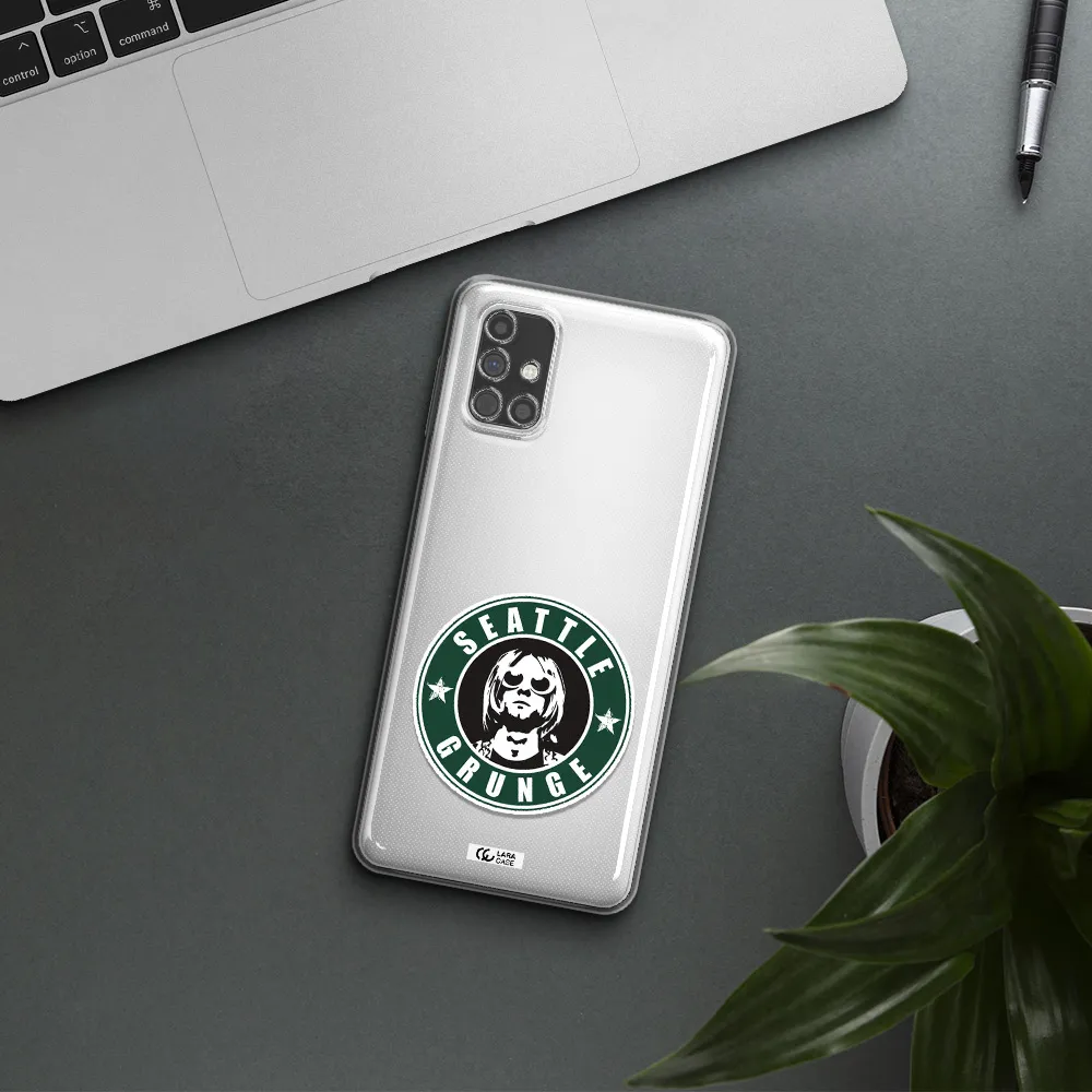 a logo with a man wearing sunglasses Samsung M31S Clear TPU Case