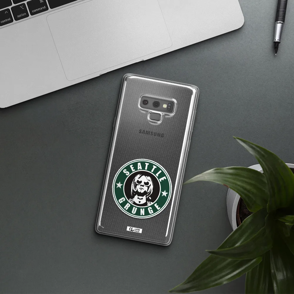 a logo with a man wearing sunglasses Samsung Note 9 Clear TPU Case