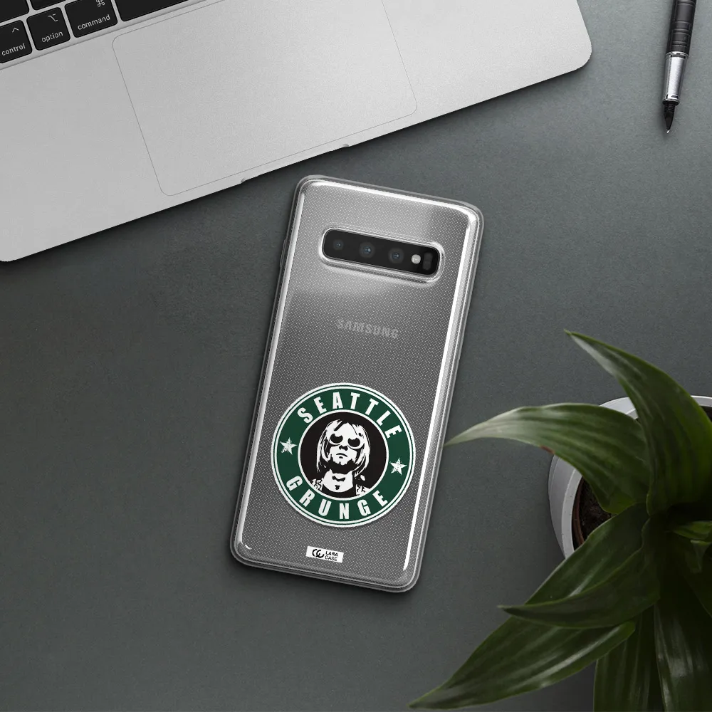 a logo with a man wearing sunglasses Samsung S10 Clear TPU Case