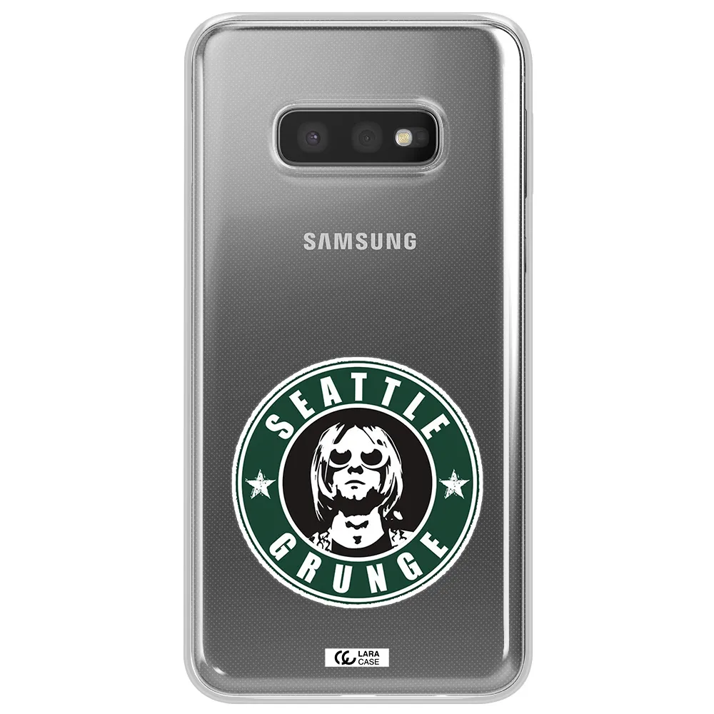 a logo with a man wearing sunglasses Samsung S10e Clear TPU Case
