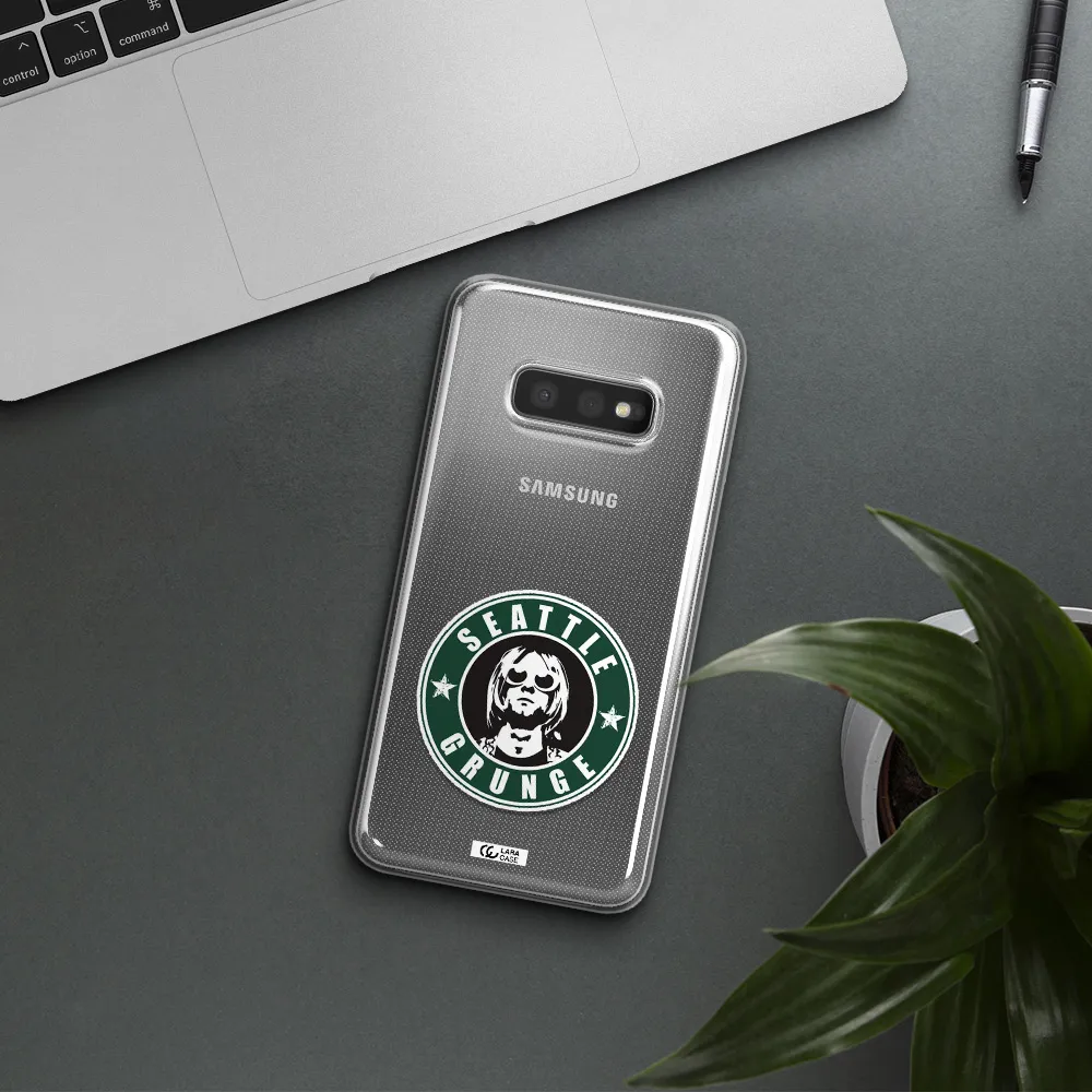 a logo with a man wearing sunglasses Samsung S10e Clear TPU Case