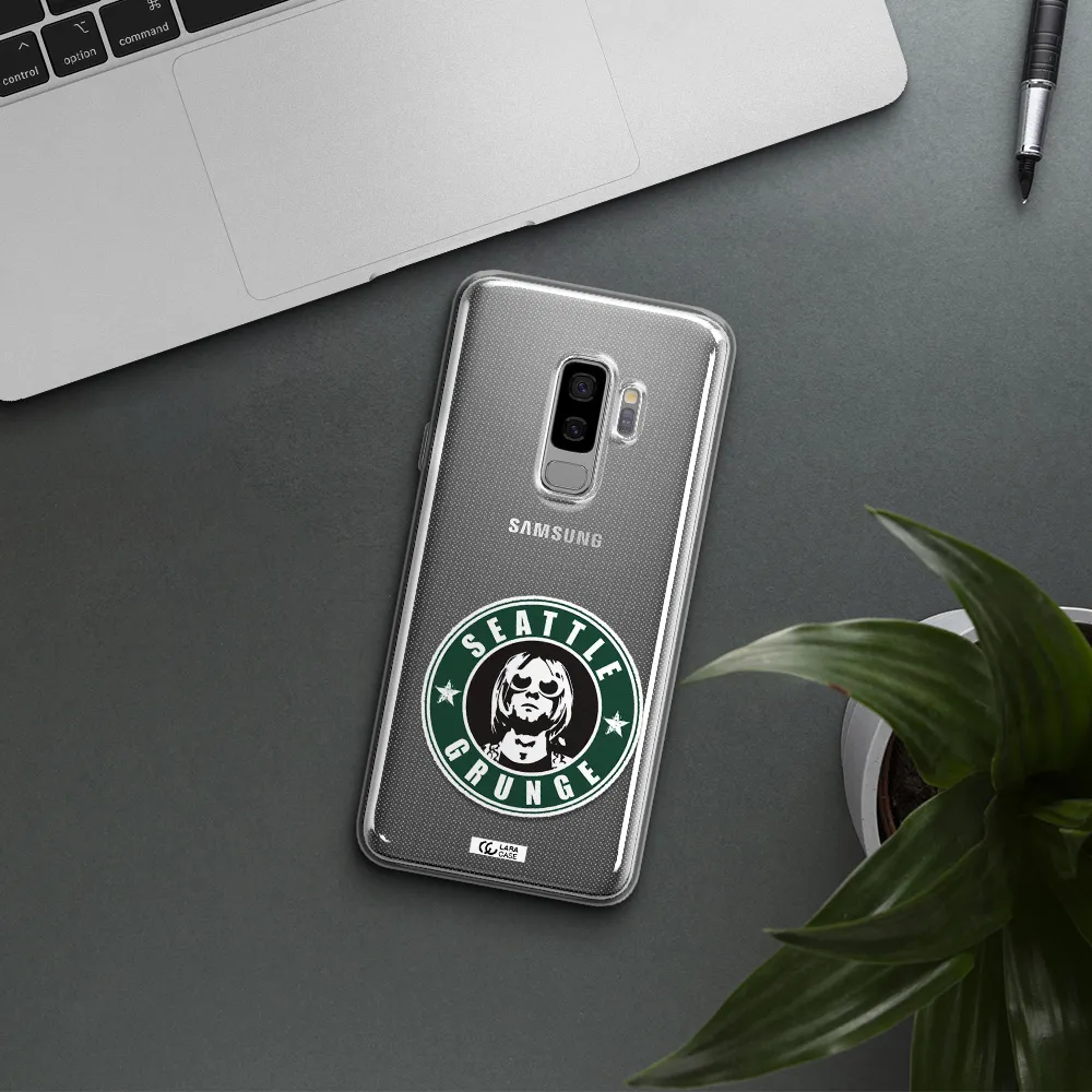 a logo with a man wearing sunglasses Samsung S9 Plus Clear TPU Case