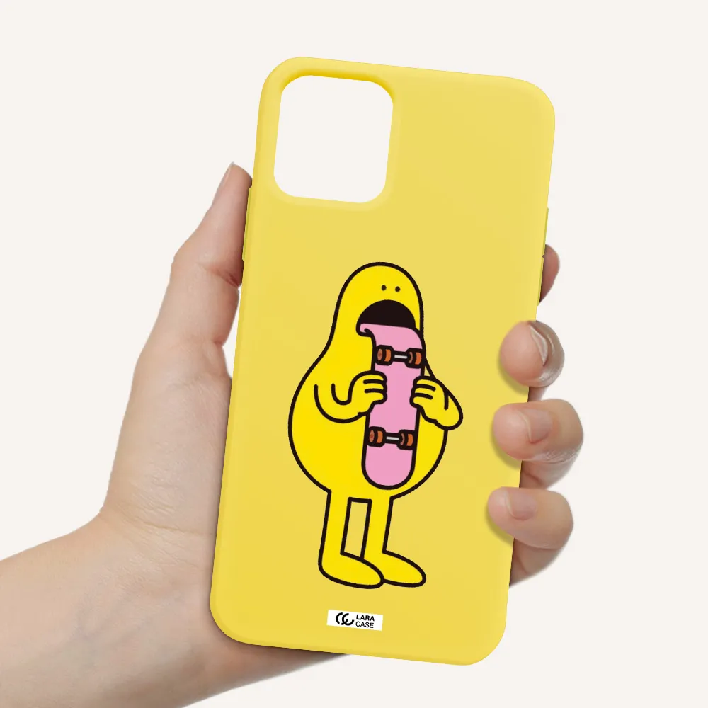 a cartoon character holding a skateboard Apple iPhone 11 pro max Silicone canary yellow Case